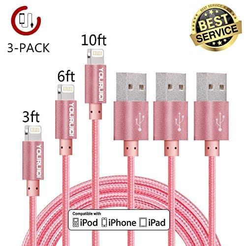 iPhone Charger,Youruiqi Lightning Cable,3 Pack 3ft 6ft 10ft Nylon Braided Lightning to High Speed Charging USB Cable Cord for iPhone 7/7 Plus/6/6s/6 Plus/6s Plus/5/5s/5c/SE and More (3PCS Rose)