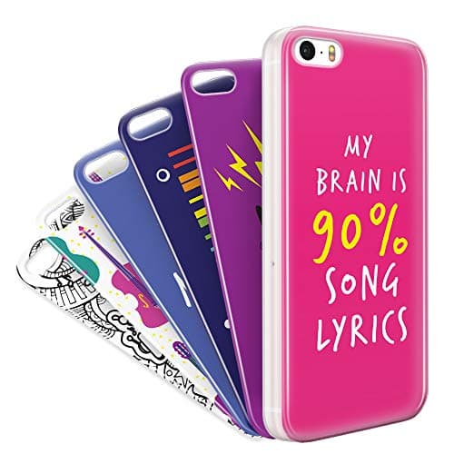 MyPopins iPhone 5/ 5S/ SE Case Pack Premium Set - Clear TPU Silicone Protective Shockproof Bumper Case Cover + 6 Slim Thin Cool Fun Back Cover Skin Case Layers for Kids/Girls/Boys – 6 * Music Cases