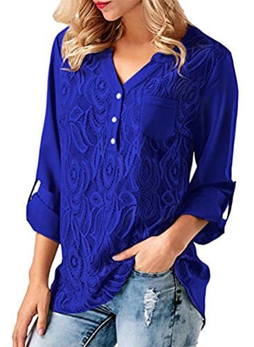 Women's Elegant Summer Solid Ladies 3 4 Cuffed Sleeve V Neck Lace Panel Casual Long Sleeves Tunic Chiffon Maternity Blouse Tops Cotton T-Shirts For Women Bule Medium