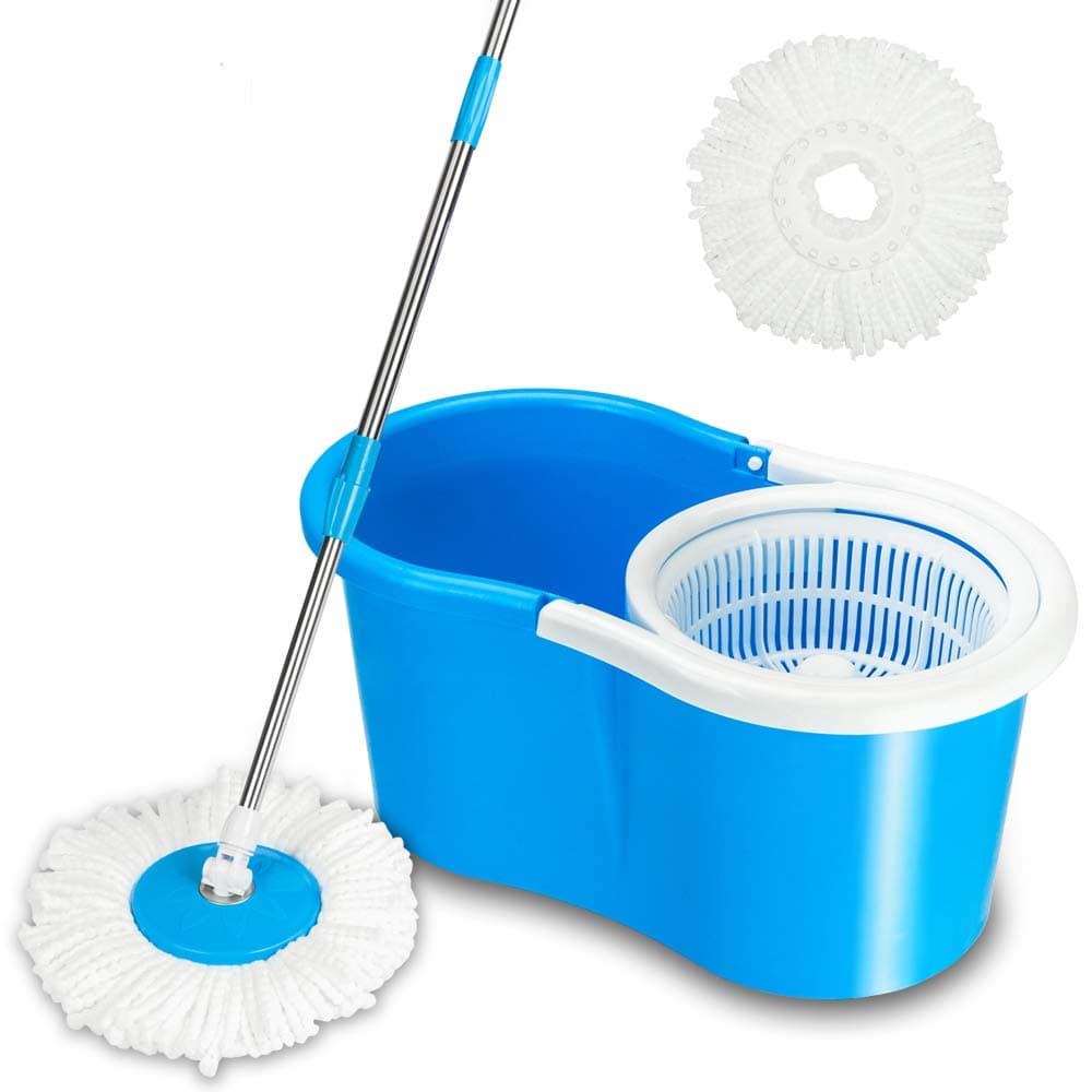 Kshioe 360 Spin Mop &Bucket System Floor Cleaning System With Extended Length Adjustable Handle 2 Microfiber Mop Heads, Wet/Dry Usage on Hardwood & Tile, Easy Wring Mop Bucket Set (BLUE)