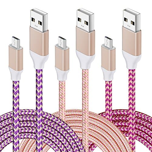 Micro USB Cable, 3 pcs (10ft/3M) Boxeroo Nylon Braided Tangle-Free Fast Charger Data Colorful Cable with Metal Connectors for Android, Samsung Galaxy S6/S6 Edge, HTC and More (Purple,Pink,Rose)