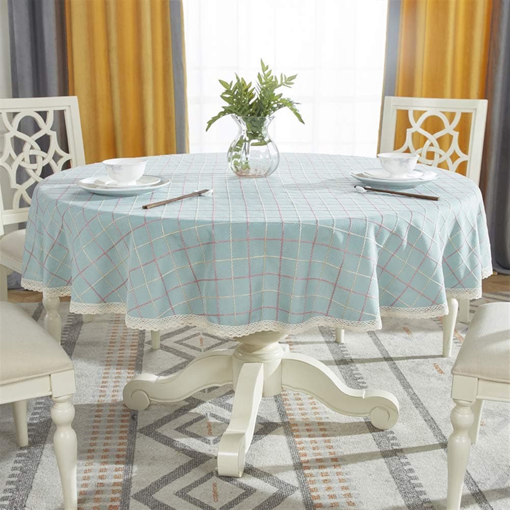 Ommda Modern Round Washable Cotton Checked Table Covers Garden Table Cloth with Lace Hem for Round Table,Light BLue,110cm