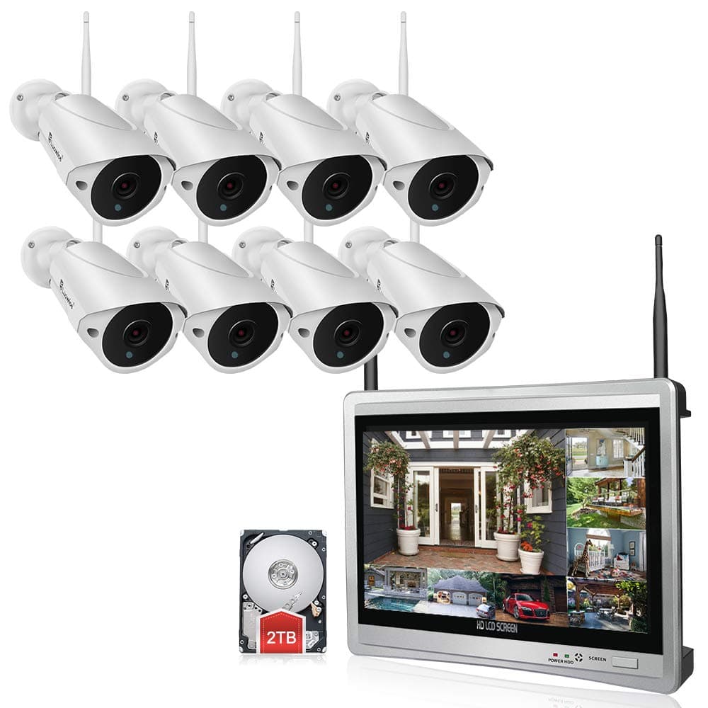 Luowice 8CH Wireless Audio Security Camera System with Built-in Monitor & Router All-in-One 960p 2 TB HDD Indoor/Outdoor HD Surveillance Cameras with Night Vision