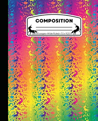 Composition: Unicorn Neon Rainbow Marble Composition Notebook Wide Ruled 7.5 x 9.25 in, 100 pages book for girls, kids, school, students and teachers