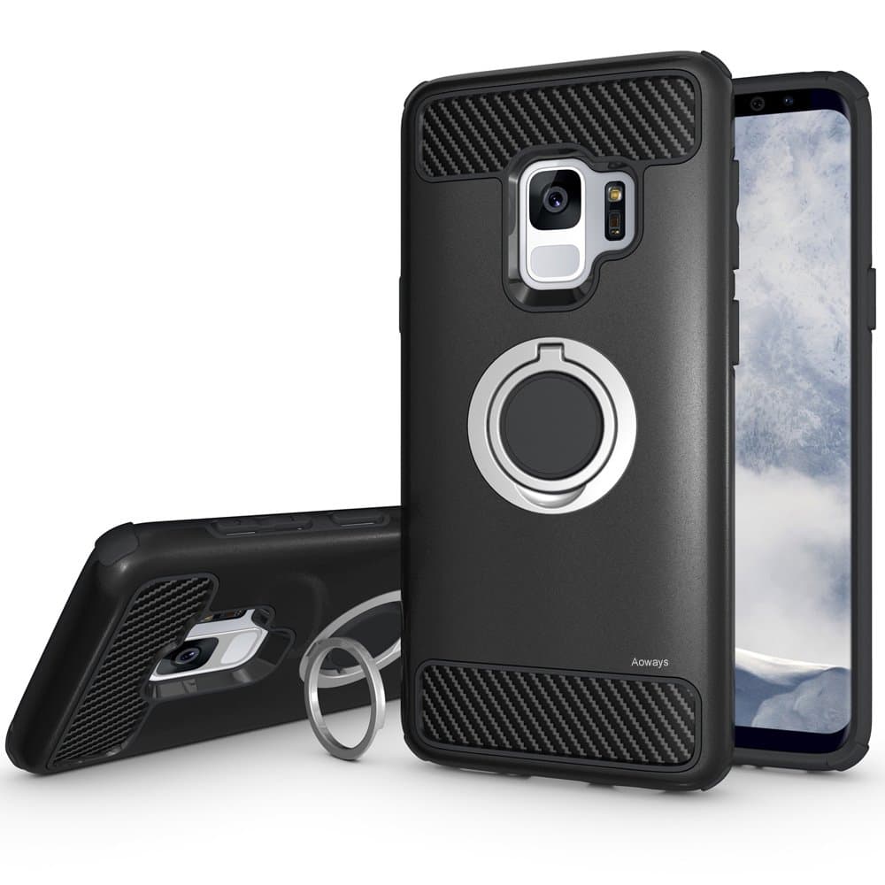 Galaxy S9 Case, Aoways Armor Dual Layer Case with Rotatable Finger Ring Kickstand Magnetic Car Mount Protective Cover for Samsung Galaxy S9 - Black