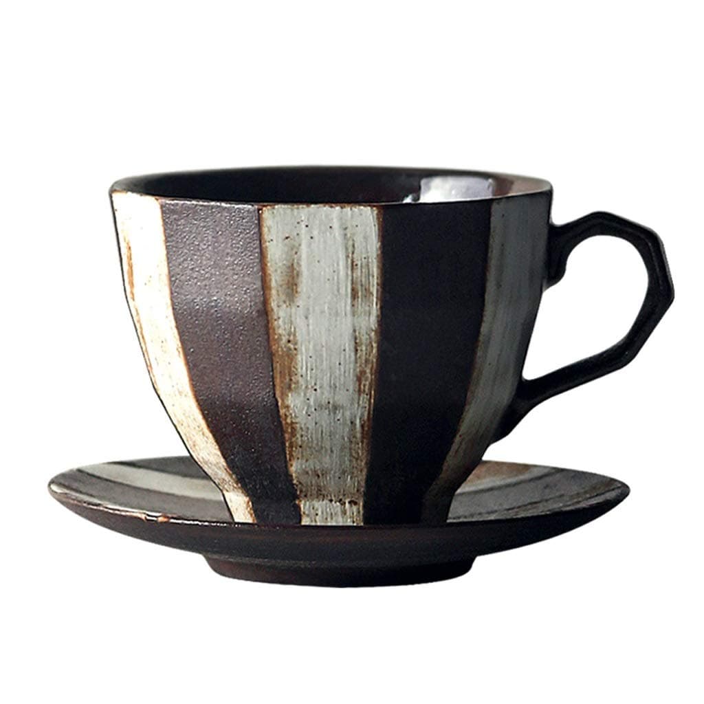 Teacup Simple Stacking Coffee Cup and Saucers Combo 7.7oz/220ml,Retro Handmade Tea Milk Cappuccino Cups for Office and Home,Brown