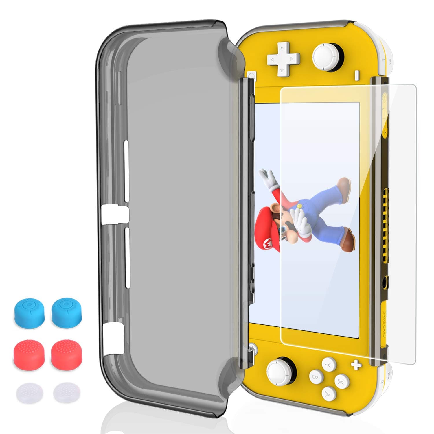 Case for Nintendo Switch Lite, HEYSTOP PC Clear Protective Case Cover for Nintendo Switch Lite with Switch Lite Tempered Glass Screen Protector and Thumb Stick Caps(Black)