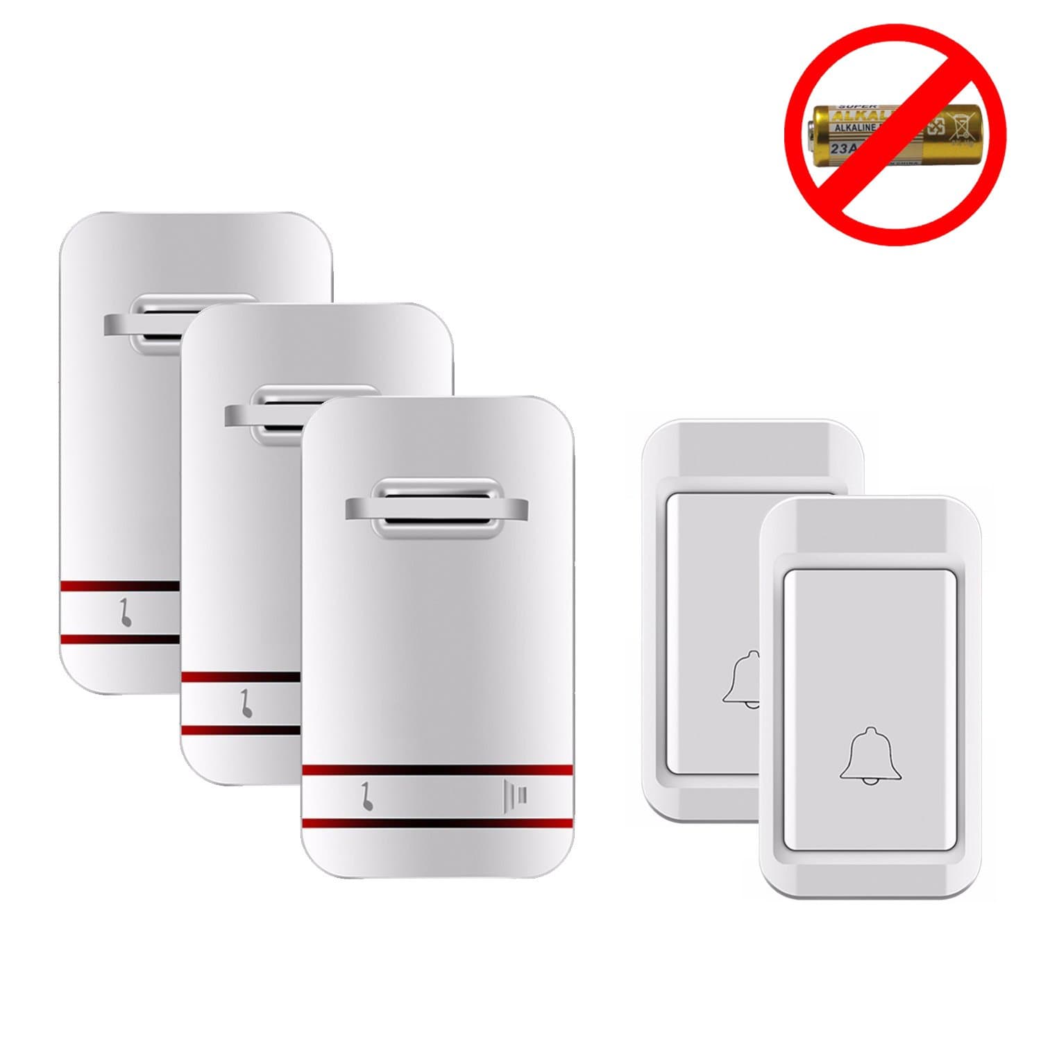 Self-Powered Wireless Doorbell, Waterproof Cordless Chime Kit Includes Push Button (No battery Required) and Plug-in Receivers, LED Flash, 500 Feet Range