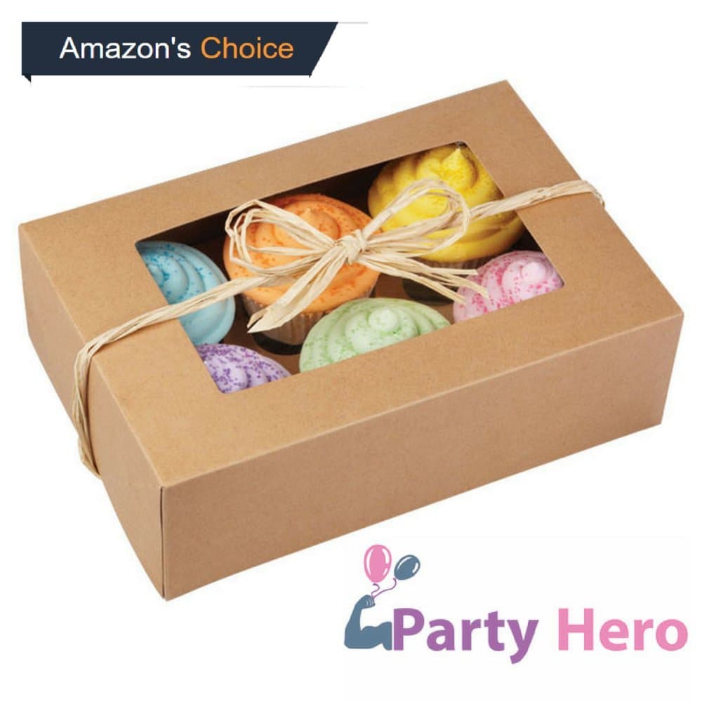 Party Hero Cupcake boxes cupcake container, 6 count cavity, 25 pack, Pastry Kraft box, brown | Inserts included, BEST VALUE