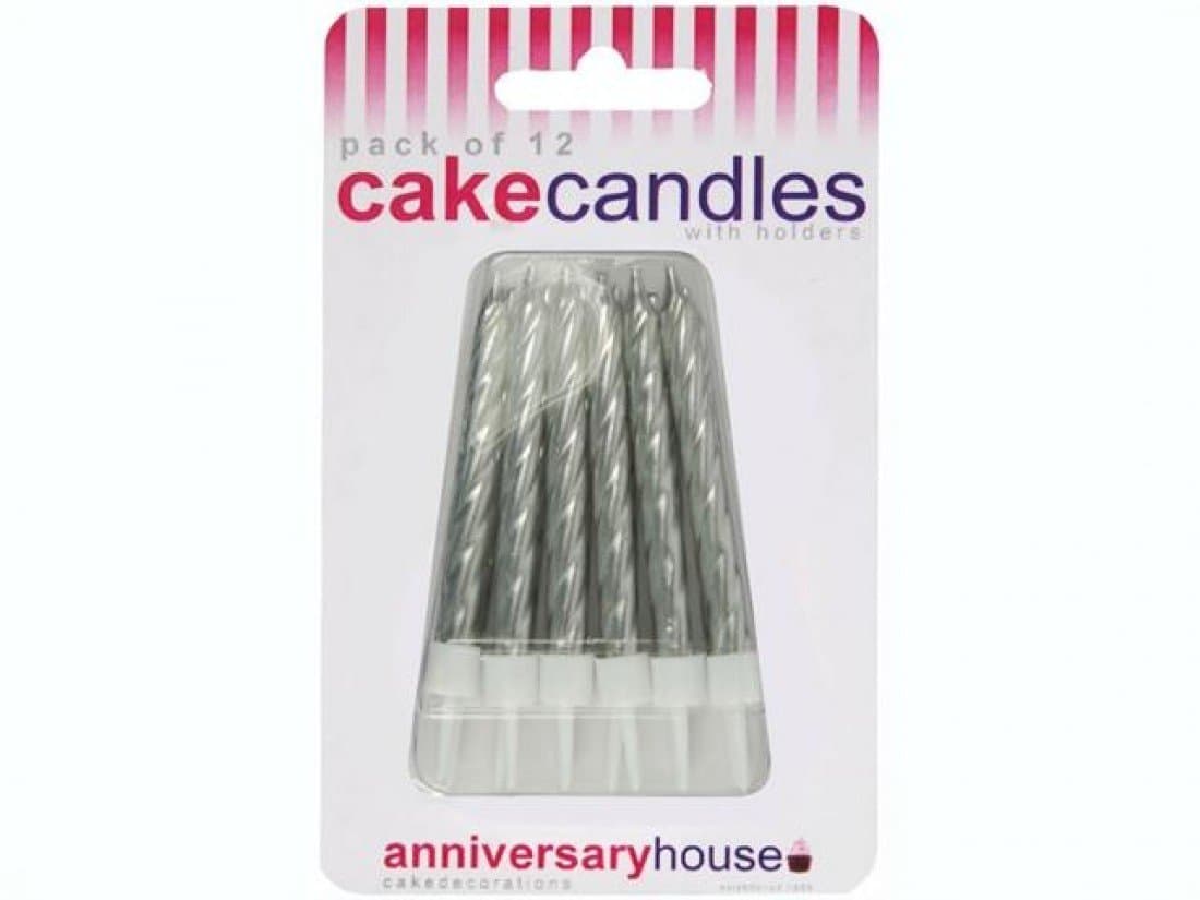 12 Silver Cake Candles with Holders