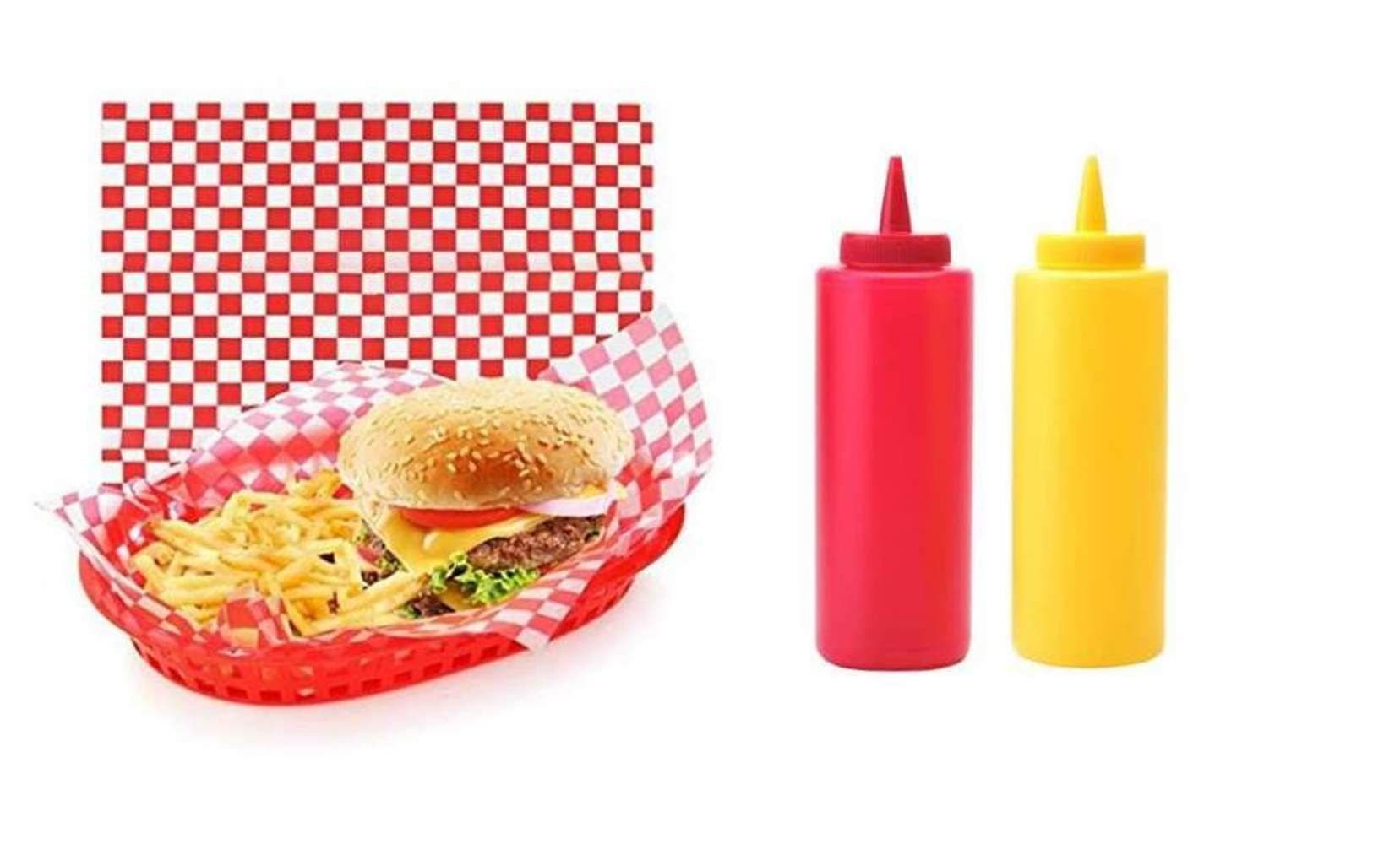 10 Piece BBQ Serving Set: 4 Baskets, 4 Paper Liners, 1 Ketchup Bottle, & 1 Mustard Bottle