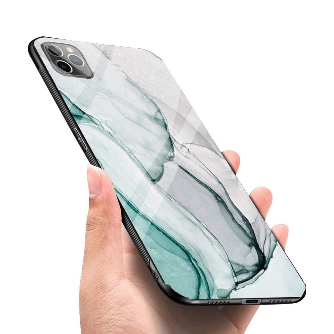 LANYOS Compatible iPhone 11 Case, Ultra-Thin Tempered Glass Pattern Painted Back Cover + Soft TPU Bumper Frame (6.1 inch 2019) (Sapphire)