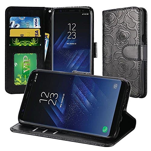 Galaxy S8+ Plus Wallet Case, S8+ Plus Wallet Case, G955 Flip Case, Pouch Horizontal Flap Credit Card Slots With Strap Protector Cover, Black Textured Rose Flower Design For Samsung Galaxy S8+ Plus