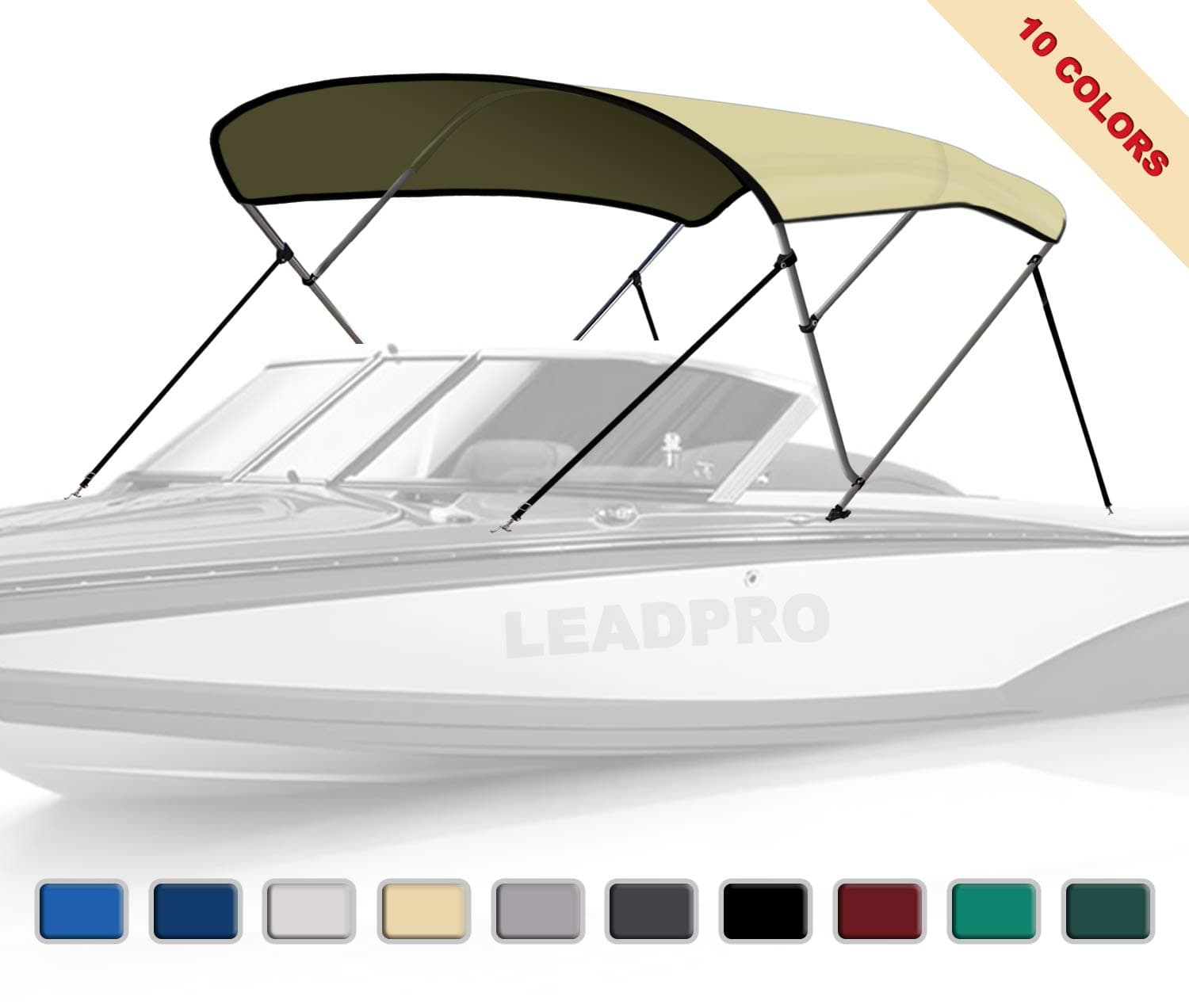Leadpro 10 Optional Colors 13 Different Sizes 3-4 Bow Bimini Top Boat Cover with 4 Straps, Mounting Hardwares & Storage Boot