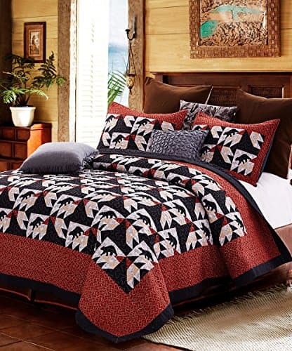3 Piece Full/Queen Size Patchwork Black Bear Lodge Cabin Quilt Set