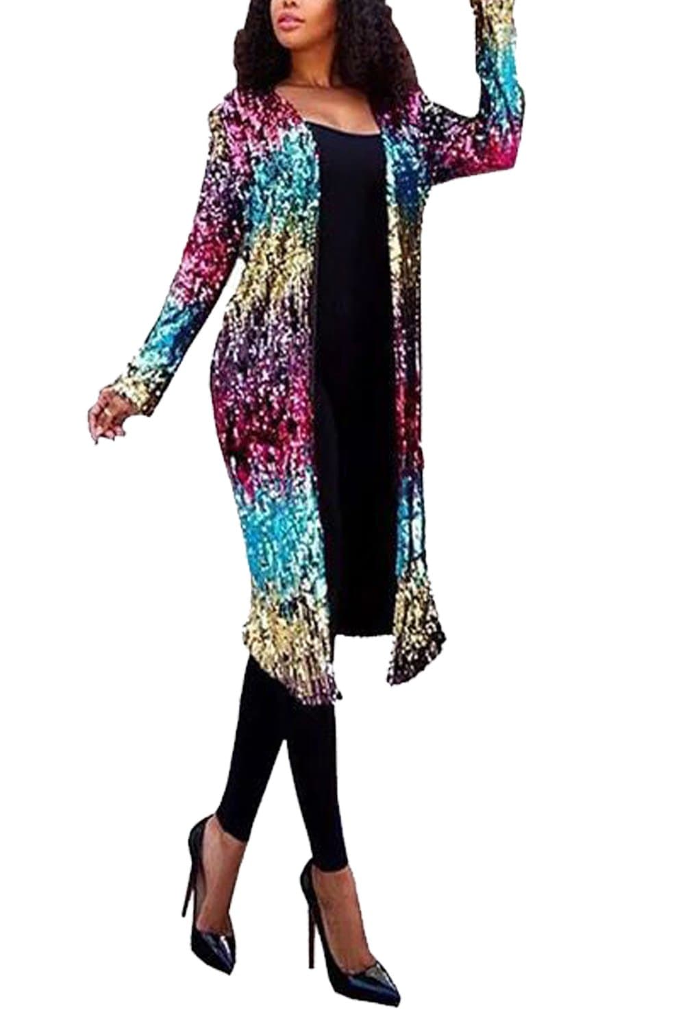 Suvimuga Women Sequin Cardigans Open Front Long Sleeve Jacket Gradient Sparkly Coat