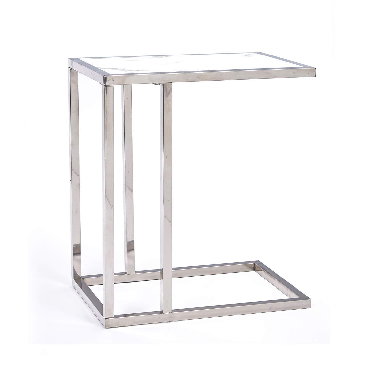 McNeil 18" Marble Look C-Shaped End Table Coffee Tea Snack Cocktail Sofa Bed Side Table, Chrome & White Carrara