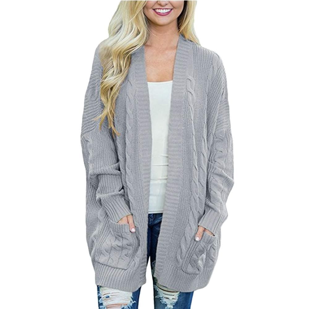 Pervobs Womens Knitted Cardigan Loose Solid Open Front Long Sleeve Pocket Sweater Coat Tops Blouse