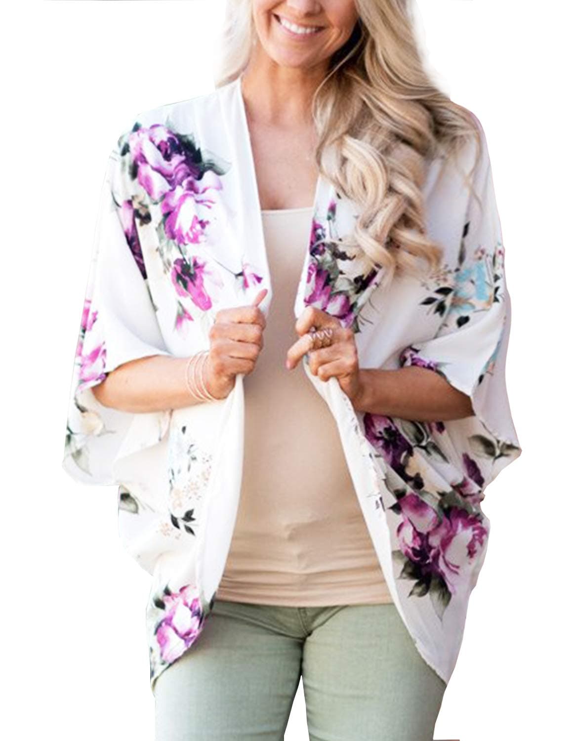 Womens Kimonos Open Front Half Sleeve Lace Patchwork Sheer Chiffon Cardigan Blouse Tops