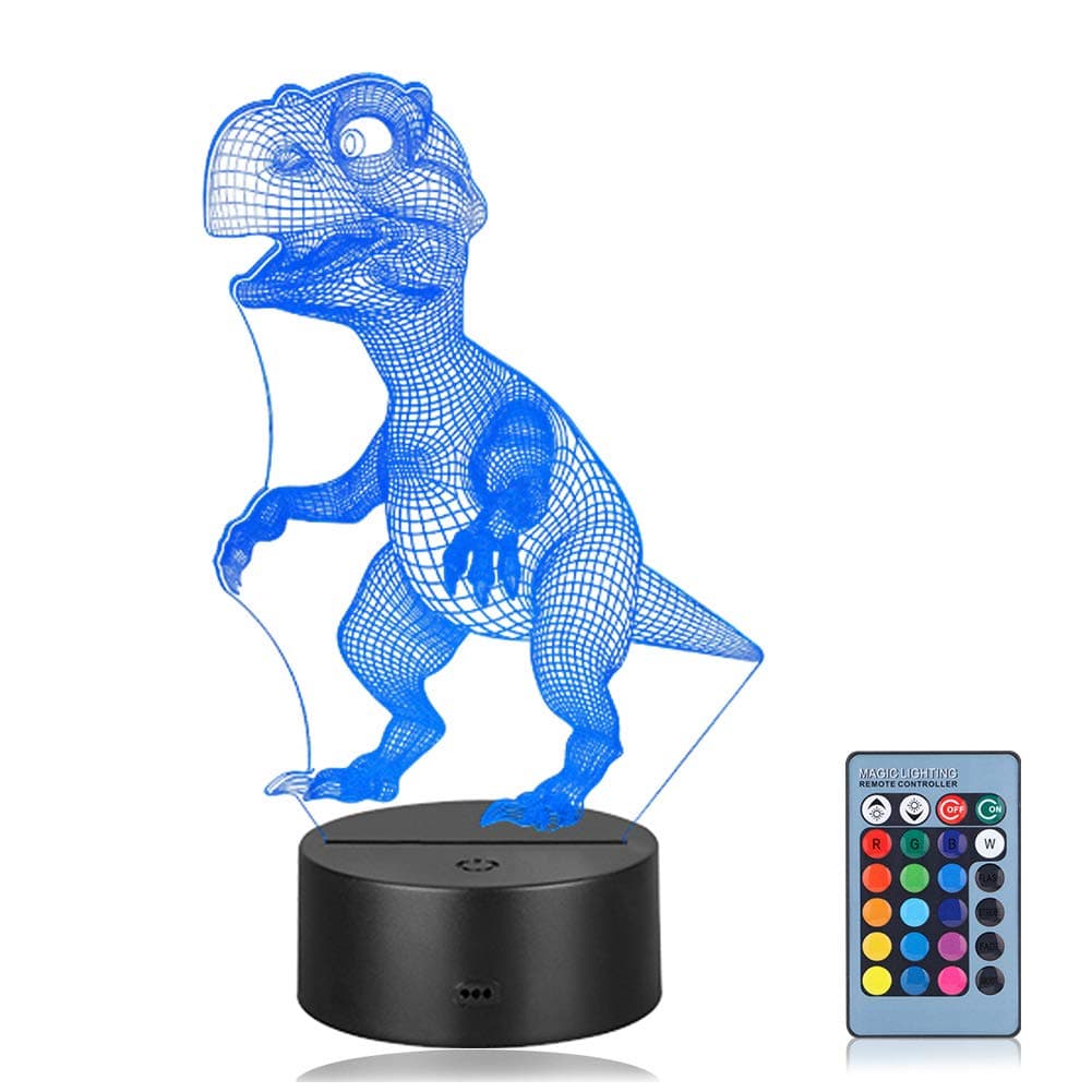 Linkax 3D LED Night Light Optical Illusion Light Illuminating Light Desk Table Light Lamp 7 Color Remote Control with Acrylic Flat & ABS Base & USB Charger (Dinosaur)