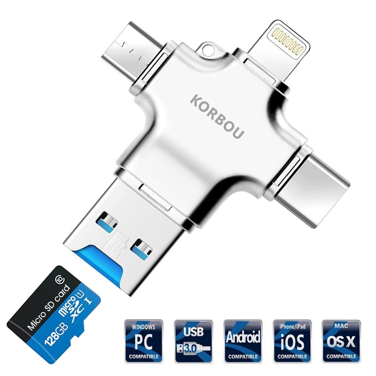 Card Reader, 4 in 1 Micro SD Card Reader with Type C USB Lightning Connector OTG HUB Adapter, TF Flash Memory Card Readers For iPhone, iPad, Mac, PC, Android USB 3.0 (Silver)