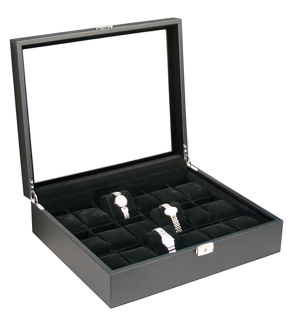 Classic Black Glass Top Watch Box Display Case with Deep Slot for Larger Watches Holds 18 Watches