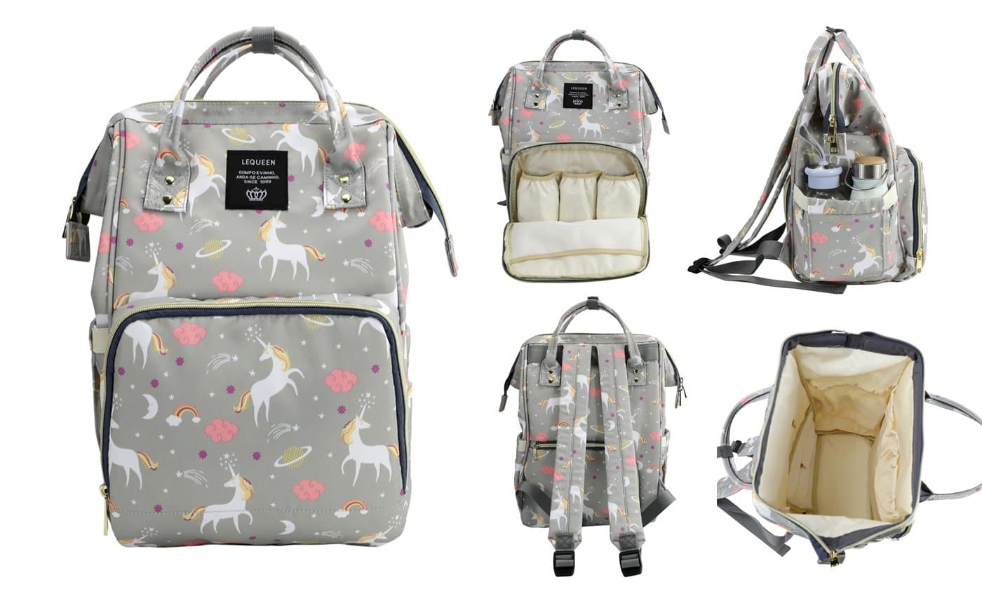 Wide Open Diaper Bag Backpack, Large Capacity, Multi Function Organizer, Waterproof, Unicorn (Light Gray)