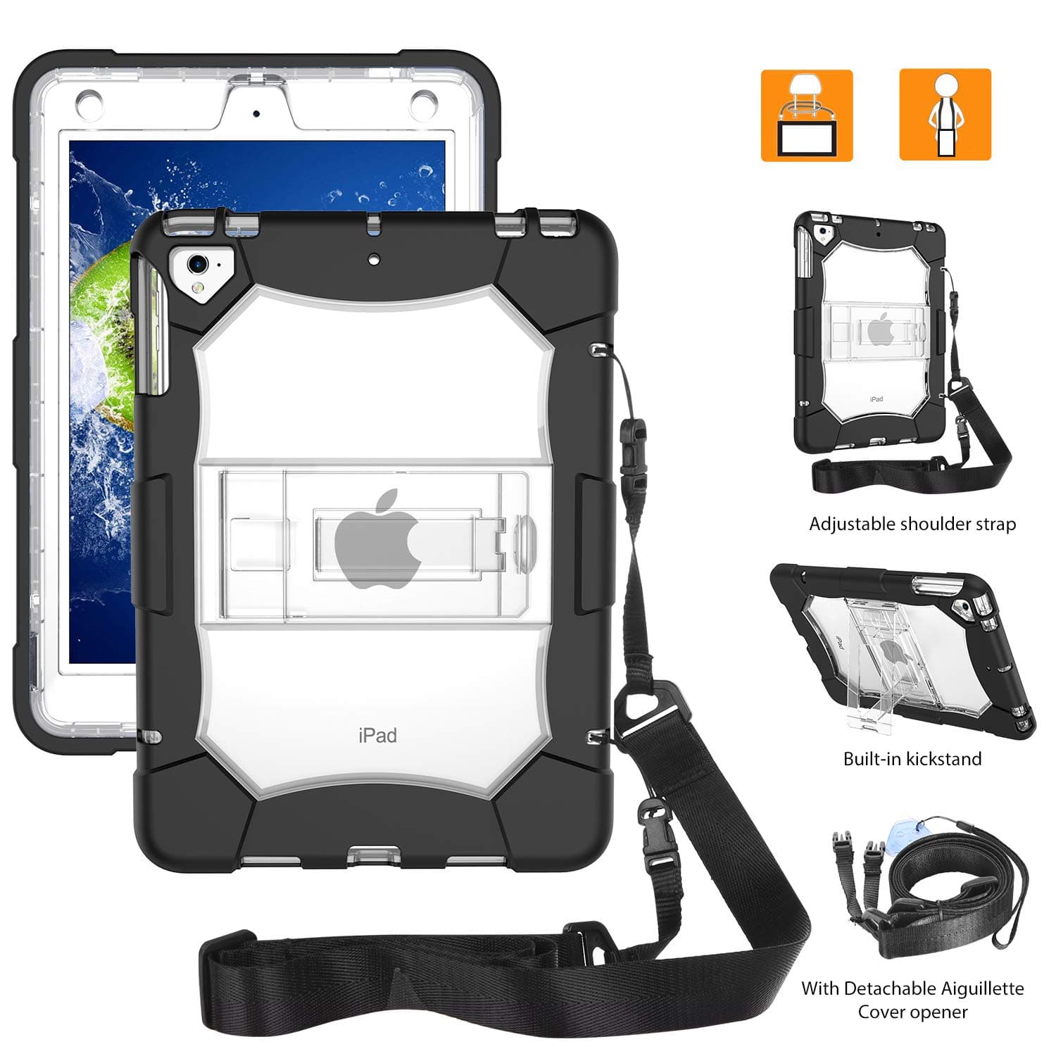 iPad Air 2/iPad 9.7 2017/2018/iPad Pro 9.7/iPad Air Case, DUEDUE 3 in 1 Heavy Duty Clear Hard PC Shockproof Shoulder Strap Durable Kickstand Full Body Protective Cover for iPad 9.7,Clear/Black