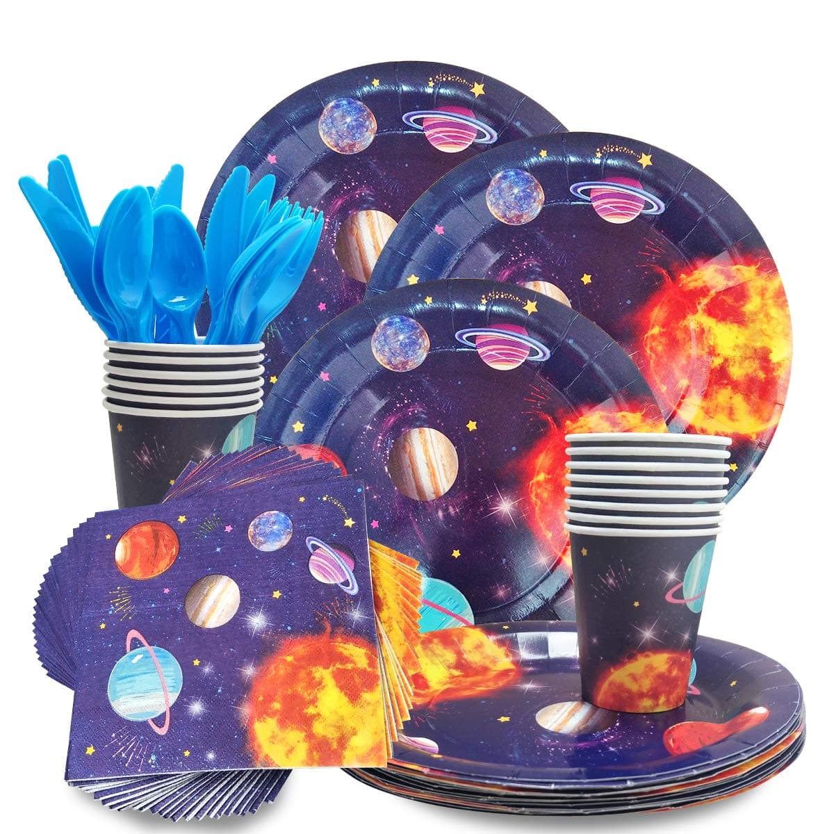 CODOHI Outer Space Planet Party Supplies - Serves 24 Guest -Includes Plates, Knives, Spoons, Forks, Cups Napkins Perfect Outer Space Birthday Party Pack for Kids Solar System Planet Themed Parties