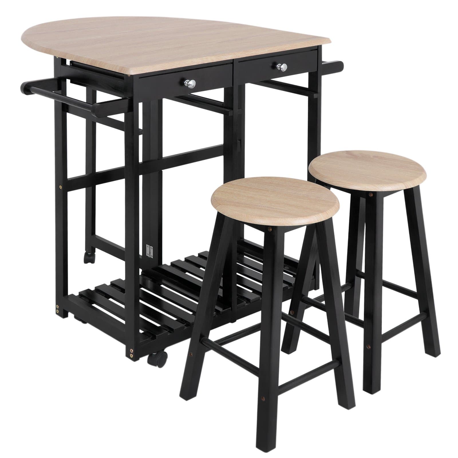 JupiterForce Table Drop Leaf Foldable Rolling Kitchen Island Cart 3PCS Wooden Dinning Breakfast Set Bar Trolley Folding Furniture with 2 Drawers 2 Stools