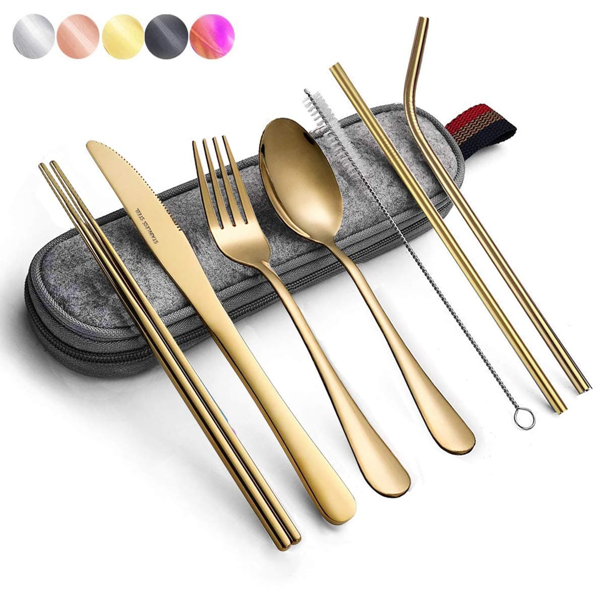 Travel flatware set with Case Stainless Steel silverware Tableware Set,Include Knife/Fork/Spoon/Straw/Straw brush(Portable Gold)