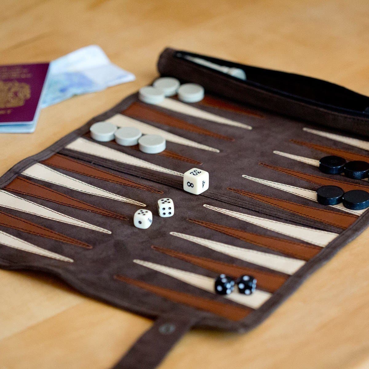 The Present Finder Brown Roll Up Suede Backgammon Set