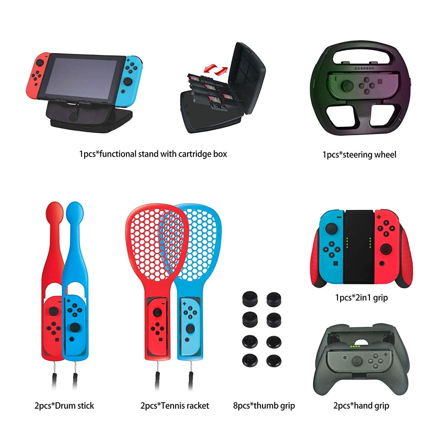 DeHasion 19 in 1 Switch Accessories Bundle 2X Drum Sticks/2x Tennis Bracket/8xThumb Grip/2x Hand Grip/1x2 in 1 Grip/1xSteering Wheel/1x Functional Stand1x Switch Game Card Case for Nintendo Switch