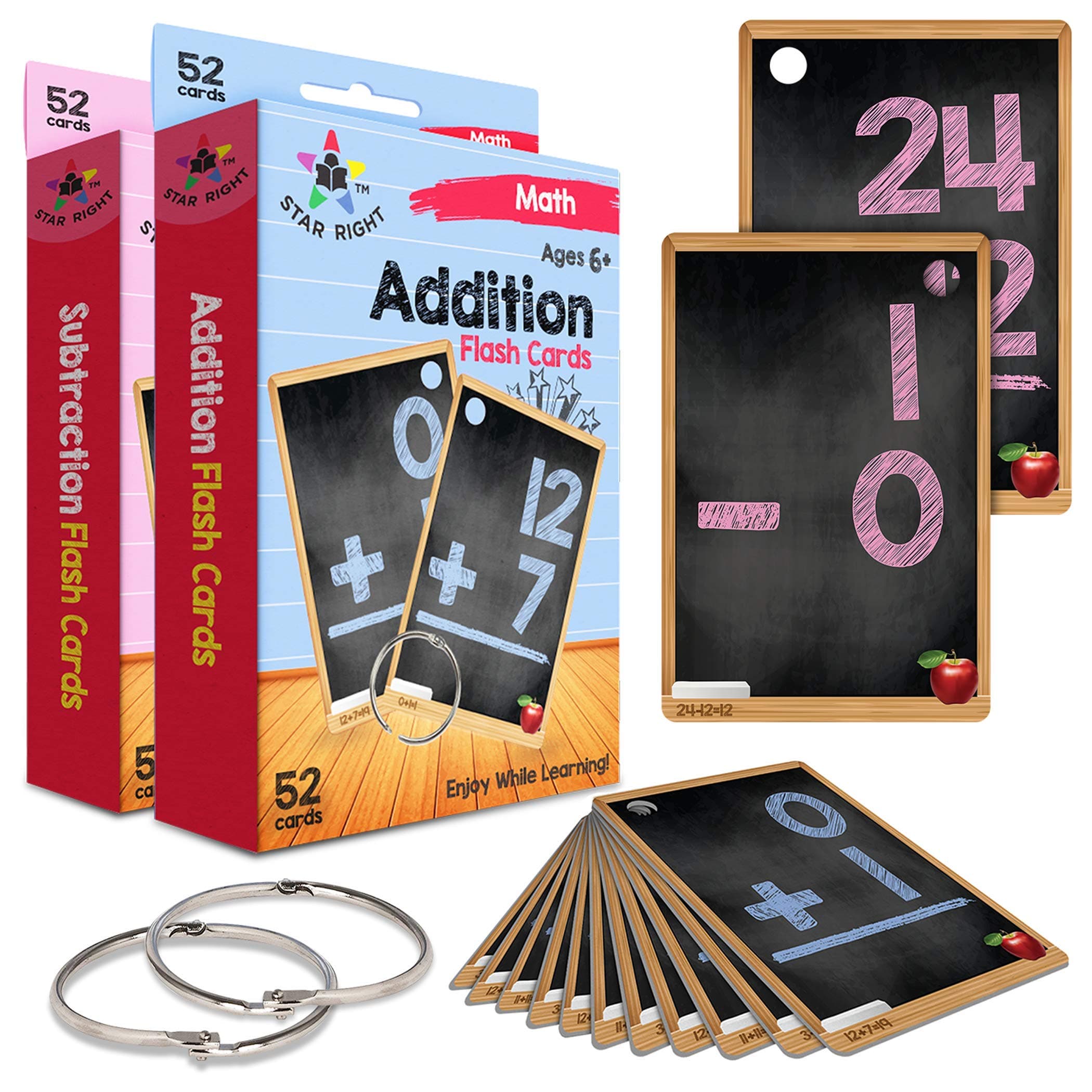 Star Right Multi Math Flashcards Pack - Addition & Subtraction - 1 Ring and 52 Hole Punched Cards Per Set - 104 Cards Total