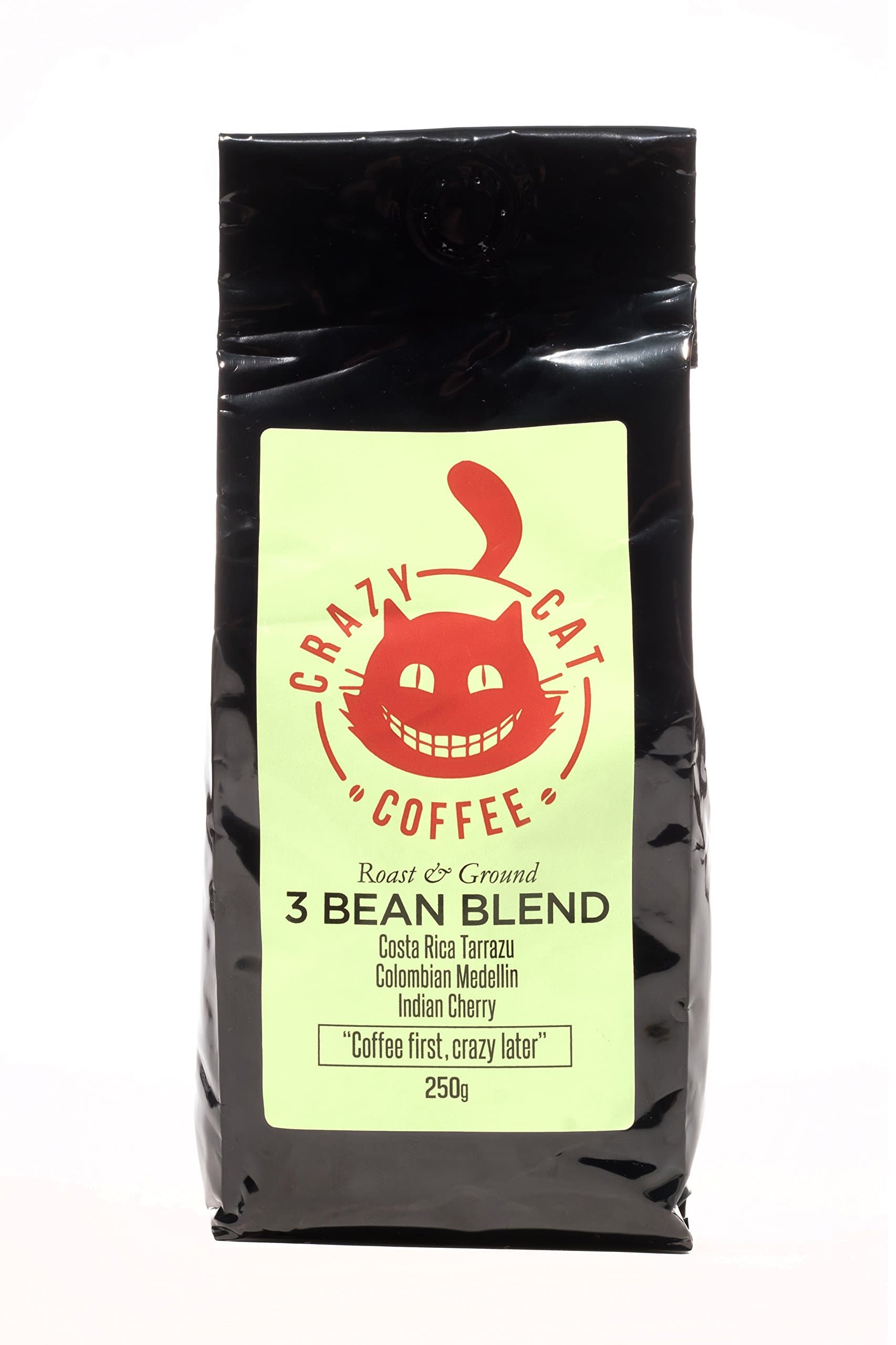 Crazy Cat 3 Bean Blended Ground Coffee, Non-Bitter, Medium Strength 4, Full Bodied Flavour, Roasted and Ground to Perfection 250g