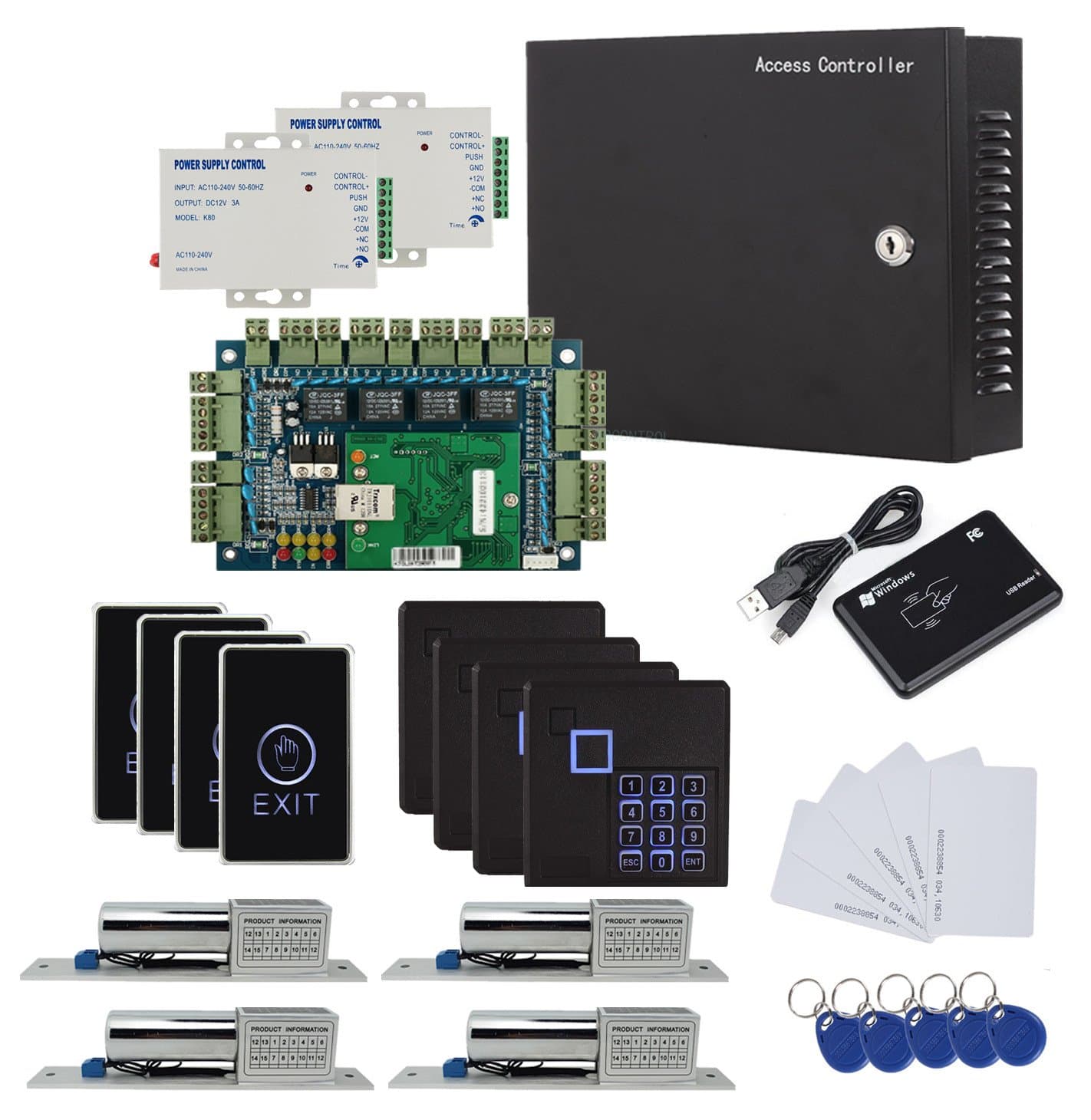 4 Doors Network Security Access System Kits Keypad Reader Metal Power Box Bolt Lock USB RFID Card Reader Extra Power Unit Tuch Exit Button