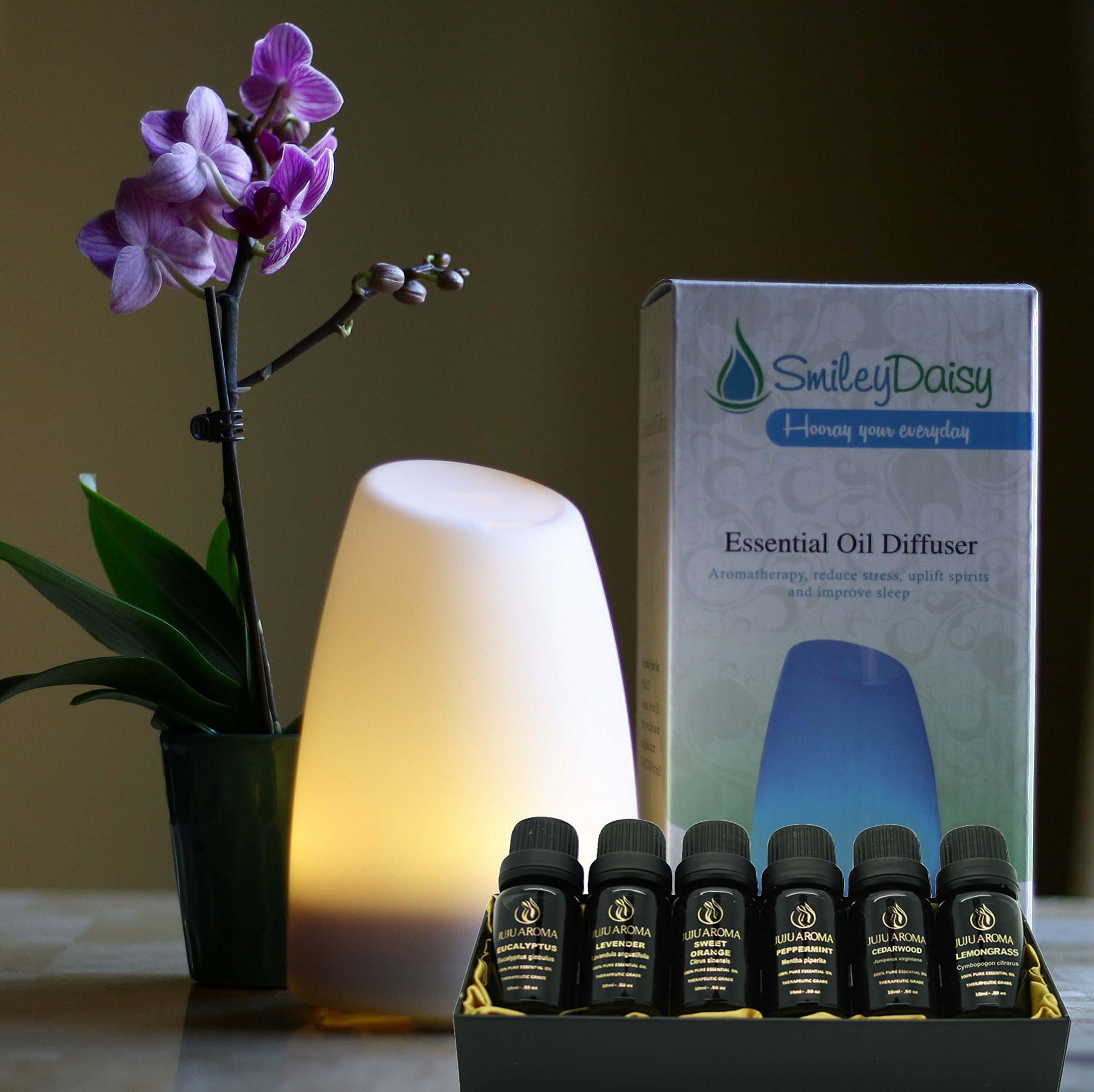 Essential Oil Diffuser by Smiley Daisy - Bundle with Juju Aroma Oil Gift Set - Great for The Holidays