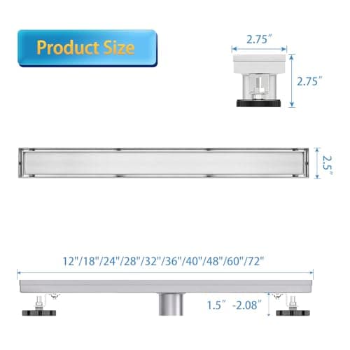 Linear Shower Drain, 24 inch Drain with Tile Insert 2-in-1 Panel, Brushed 304 Stainless Steel Shower Floor Drain, Linear Drain with Hair Strainer and Adjustable Feet