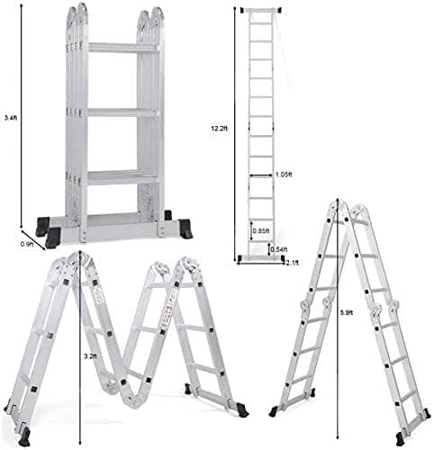 Abbasali Multi Purpose Folding Step Ladder Platform Extendable Scaffold Ladder 3.8M 12.5 Feet EN131 Aluminum 7 in 1 Extension Step Lightweight 330LB (12.5 Ft)
