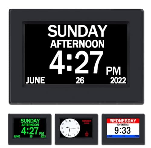 AINFTIME DST Clock with Day and Date for Elderly-3 Display Digital Calendar Alarm Day Dementia Alzheimers Clock with Extra Large Display (7in Black)