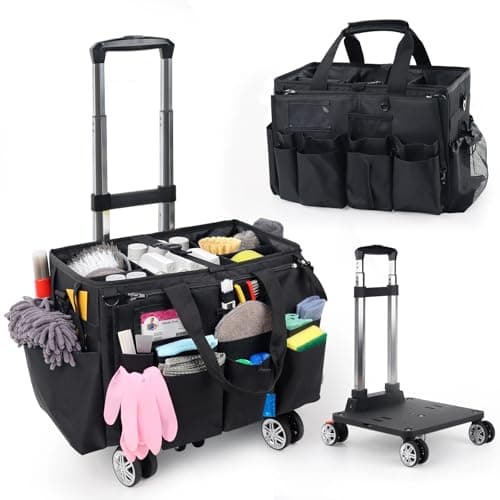 Rolling Cleaning Caddy Bag with Detachable Trolley, Multi-Functional Portable Cleaning Cart Supplies Organizer for Housekeeping and Domestic Cleaning, Cleaning Caddy with Wheels, Black