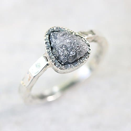 Large teardrop rough diamond ring in silver bezel setting with sterling silver hammer textured oxidized band