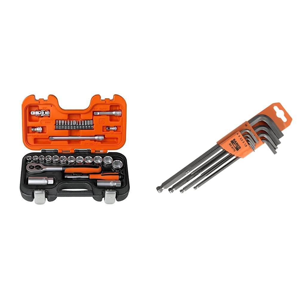 Bahco S330 Socket Set 34 Piece 1/4 and 3/8 Square Drive & 9770 BE-9770 1.5-10mm Hex Key Set