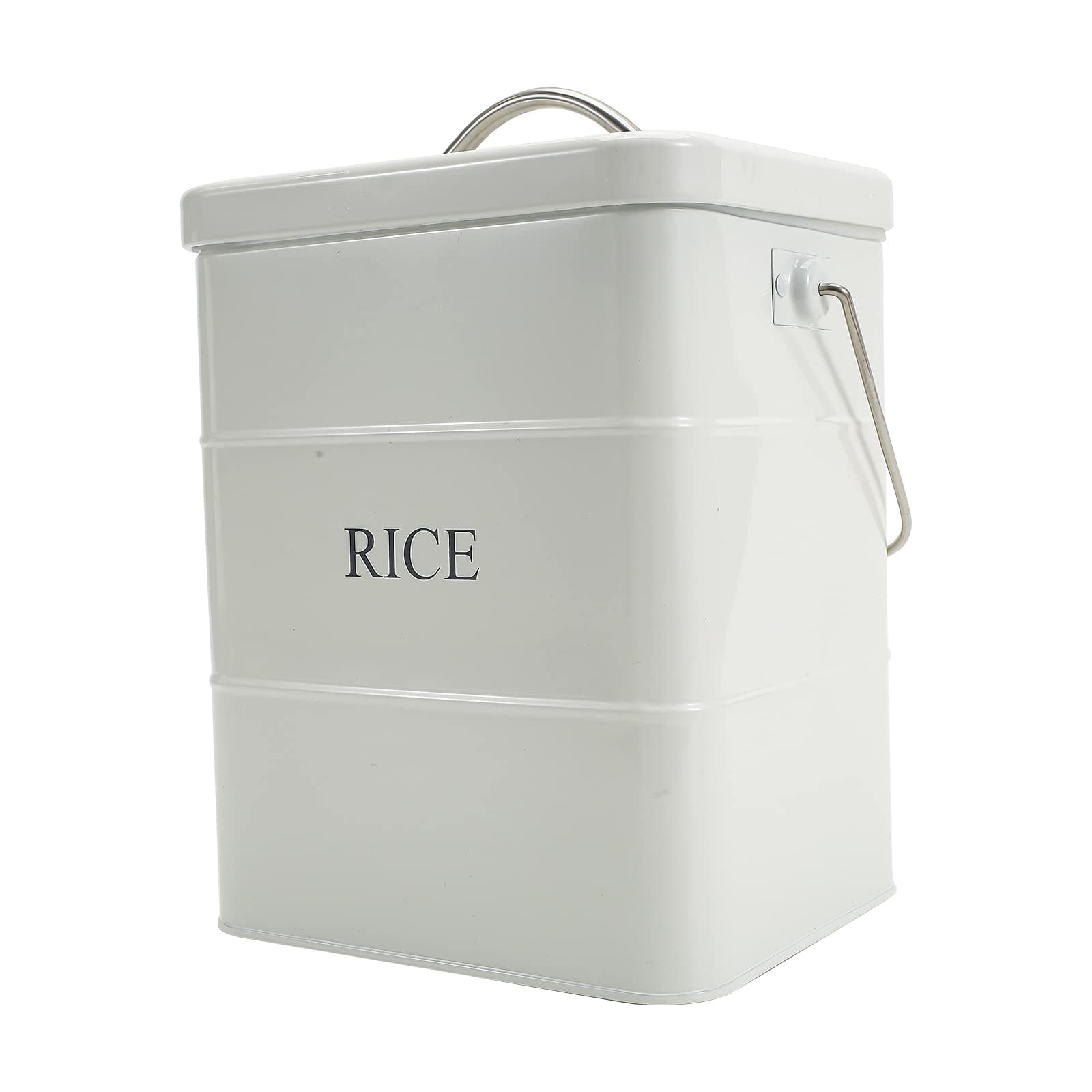 Metal Rice Storage Box, Square Rice Container with Lid and handle, Sealed Food Storage Bin for Kitchen, Countertop Organizer Jar for Rice Flour Soybean Grain Cereal-White