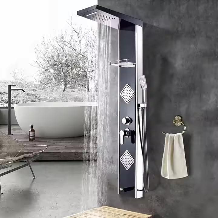 Shower Panel for Bathroom Full Set | 5 Function Shower System | Hot & Cold Water Adjustable | Hand Shower | Body Spray | Water Spout | Shower Panel For Bathroom (Black Chrome Glossy)