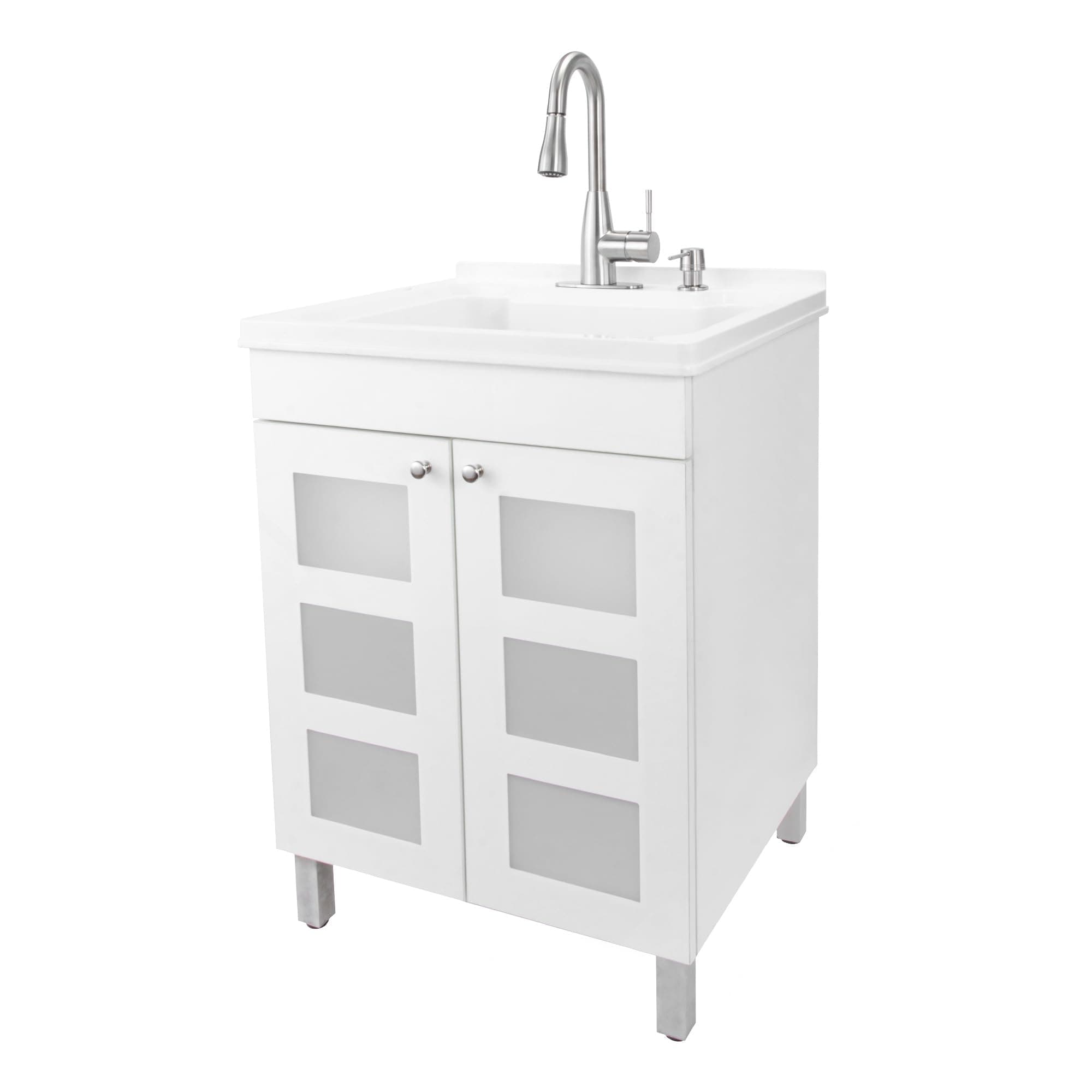 Tehila White Utility Sink in White Vanity Cabinet, Stainless Pull-down Faucet