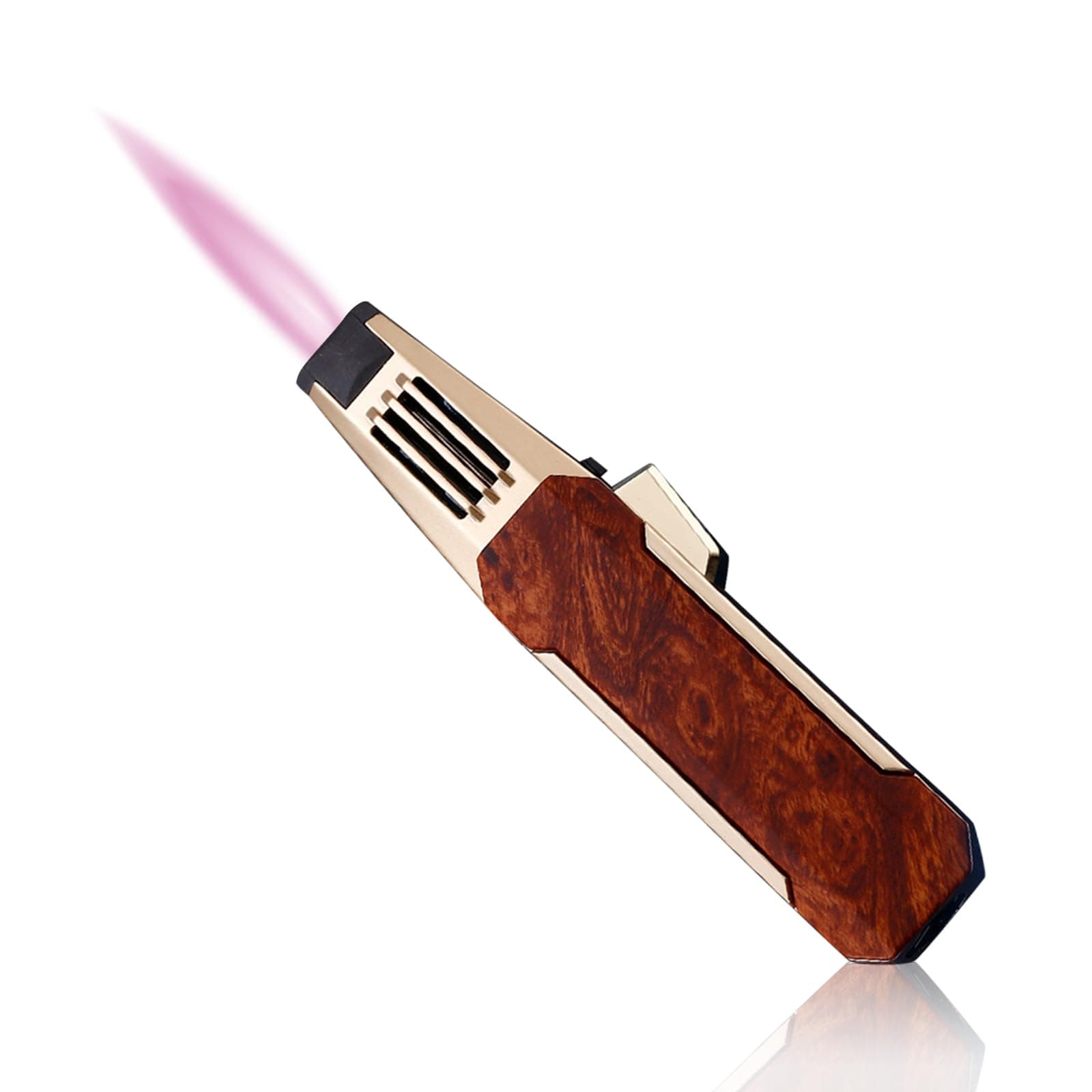 JOBON Solar Beam Torch, Adjustable Lockable Firepower Butane Refillable Jet Flame Lighter for Baking Kitchen Grill BBQ Camping (Gas Not Included) (Pink Flame-Brown with Gold)