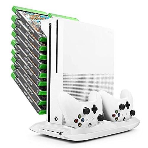 Xbox One S White Stand w/ Cooling Fan, Controller Charger, USB Ports and Game Storage Rack - Premium Xbox One Accessories