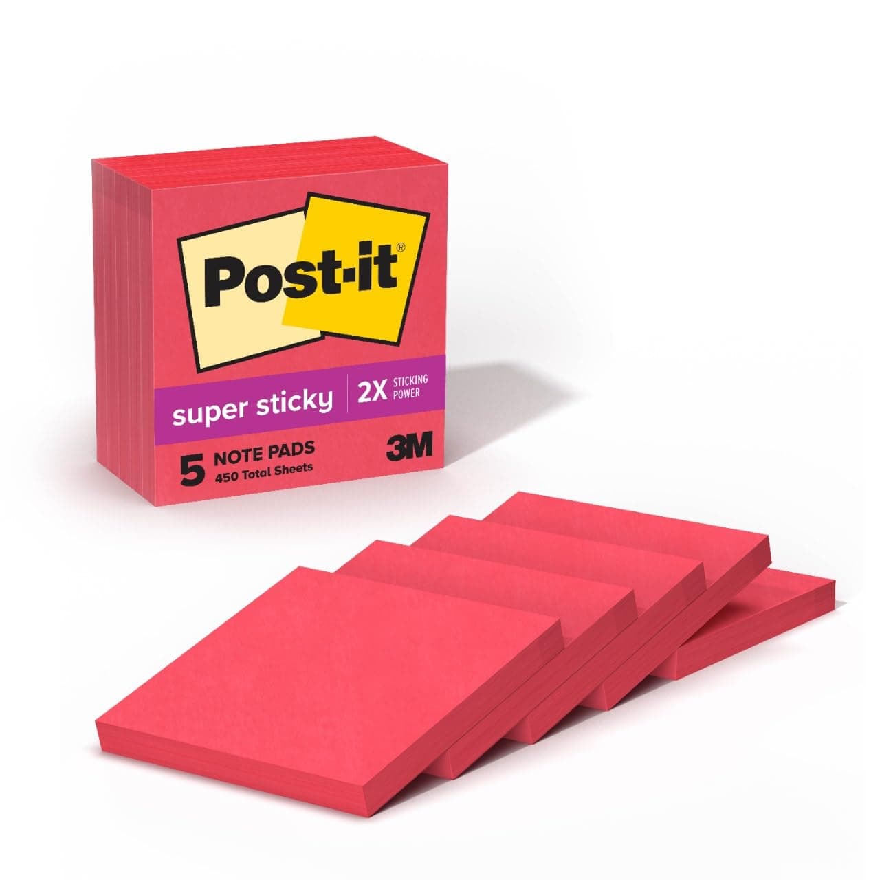 Super Sticky Notes, 5 Sticky Note Pads, 3 x 3 in, School Supplies, Office Products, Sticky Notes for Vertical Surfaces, Monitors, Walls and Windows, Candy Apple Red
