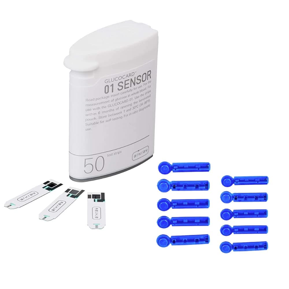 Arkray Glucocard 01 Mini/Plus 50 Bottlepack Strips with 50 Lancets Combo